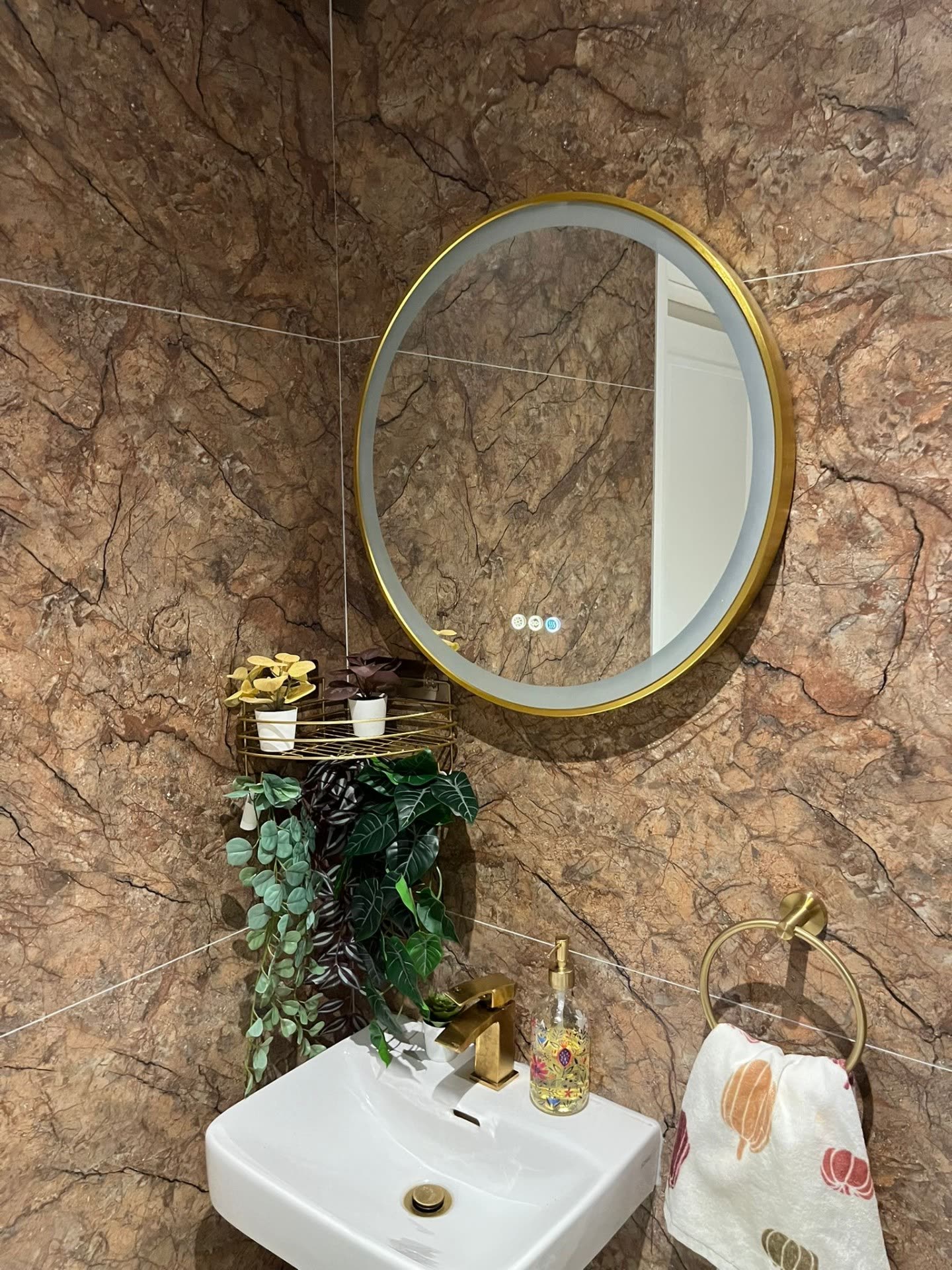 Bathroom vanity LED mirror with gold trim